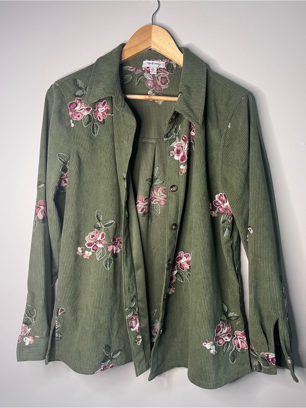 Olive Green Floral Corduroy Button-Up Shirt